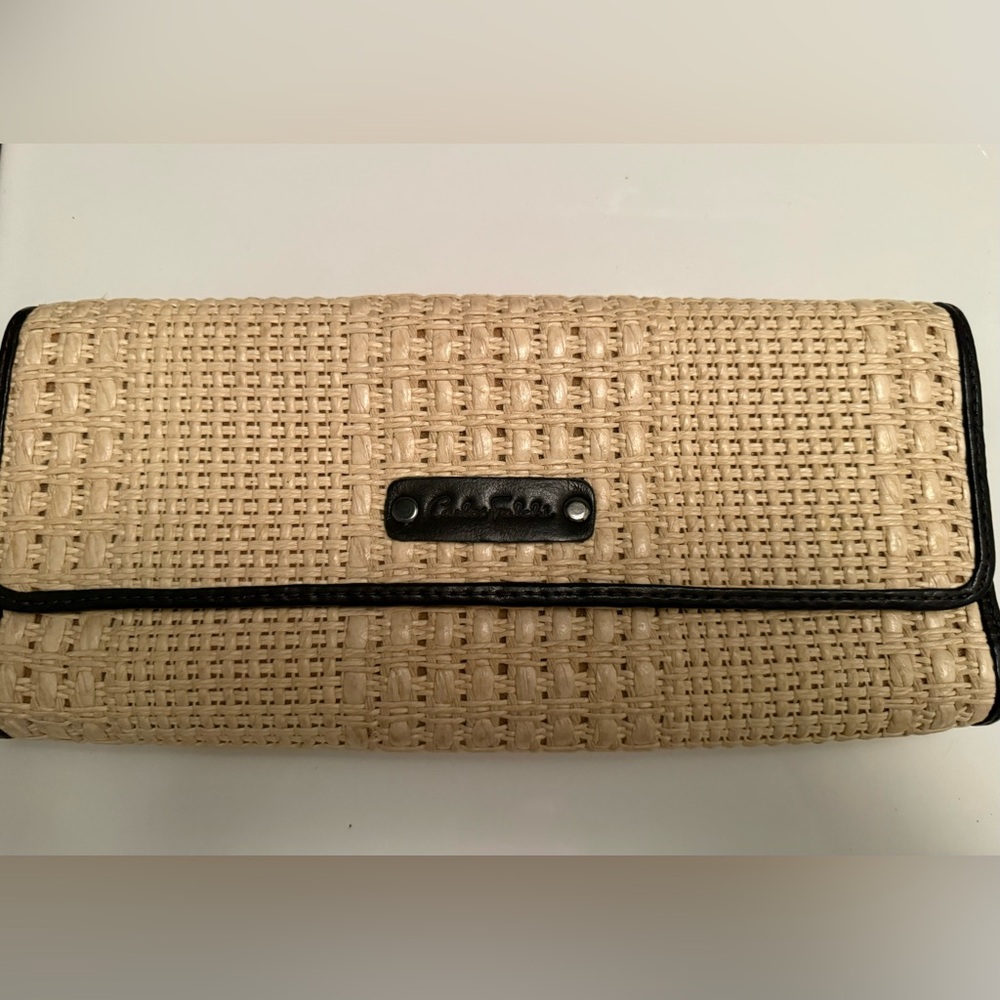 Carlos Falchi Raffia and Black Leather Trim Clutch -EUC